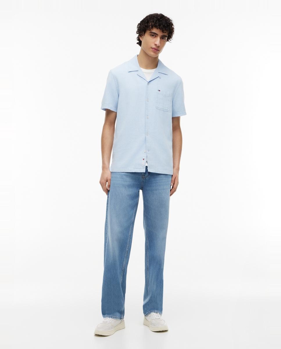 Camisa de Linho Regular Fit com Manga Curta Azul-claro-4