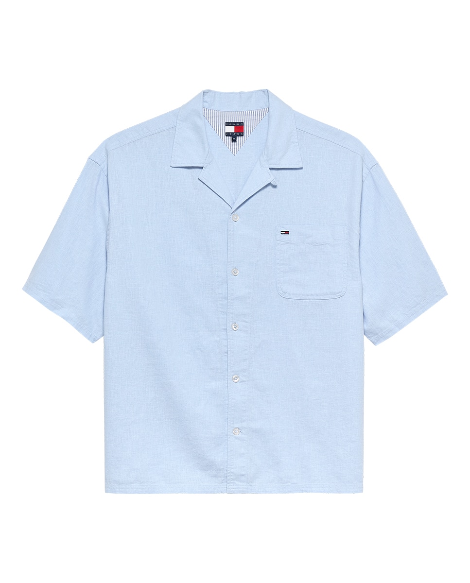 Camisa de Linho Regular Fit com Manga Curta Azul-claro-5