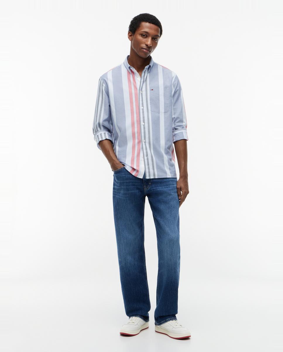 Camisa de Manga Comprida em Tecido Oxford com Estampado às Riscas e Corte Regular Azul-claro-5