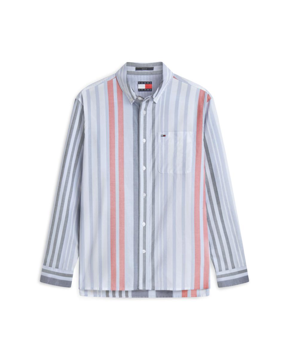 Camisa de Manga Comprida em Tecido Oxford com Estampado às Riscas e Corte Regular Azul-claro-4