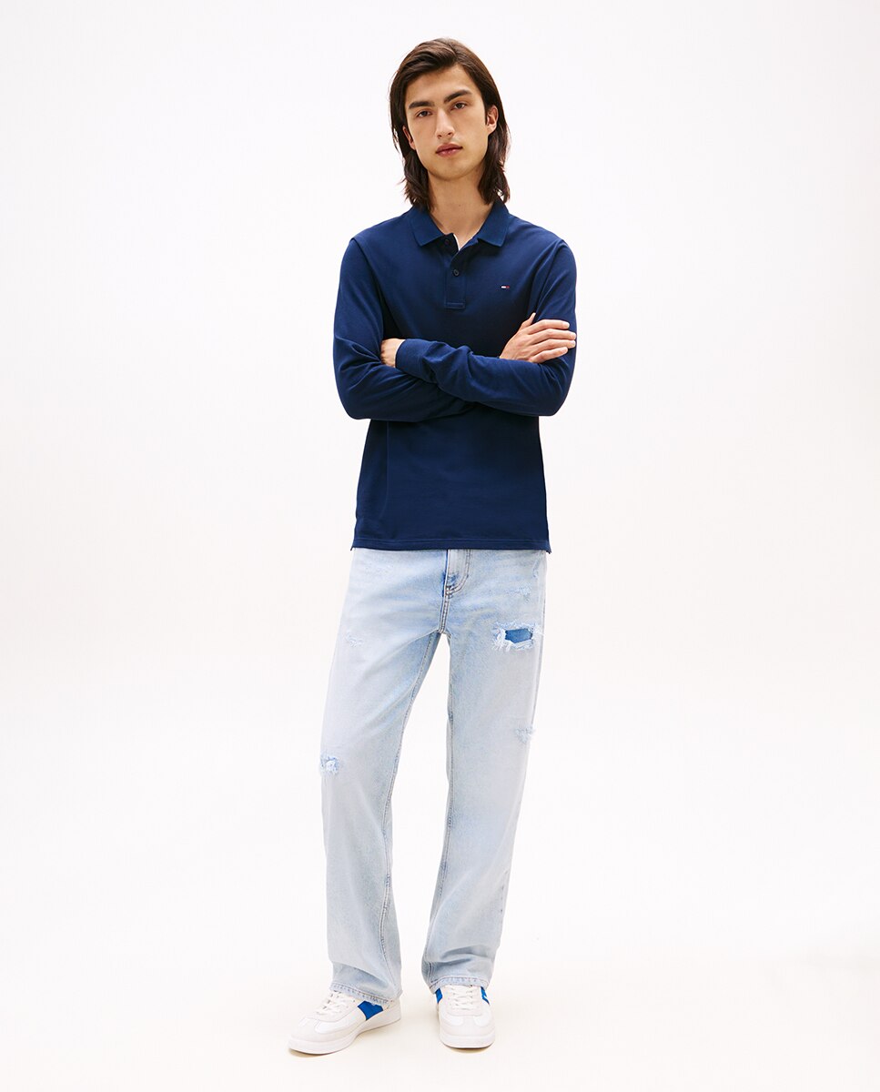 Polo Slim Fit de Manga Comprida Azul-marinho-5