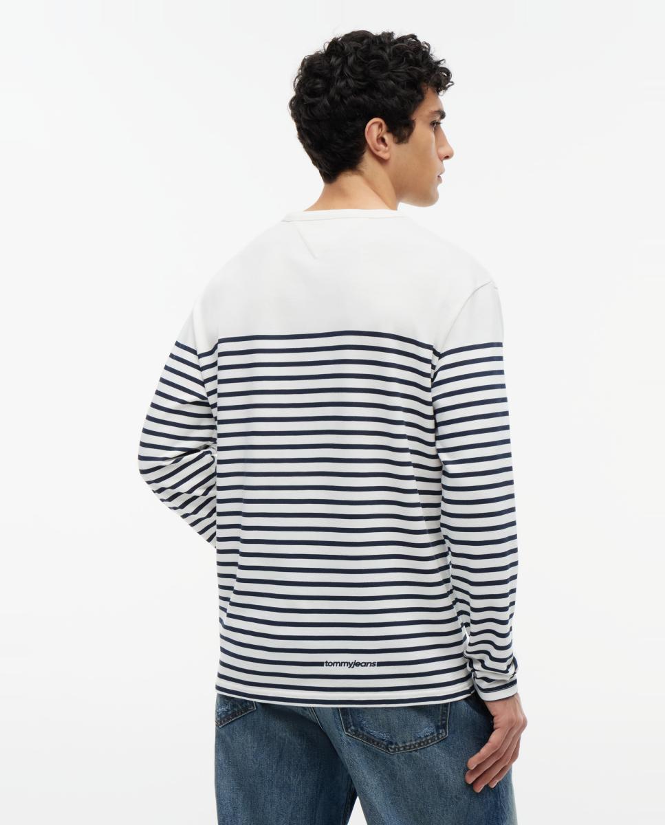 Camisola de Manga Comprida com Corte Regular e Desenho às Riscas com Detalhe de Branding Branco-2