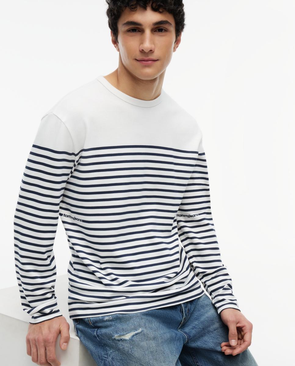 Camisola de Manga Comprida com Corte Regular e Desenho às Riscas com Detalhe de Branding Branco-3