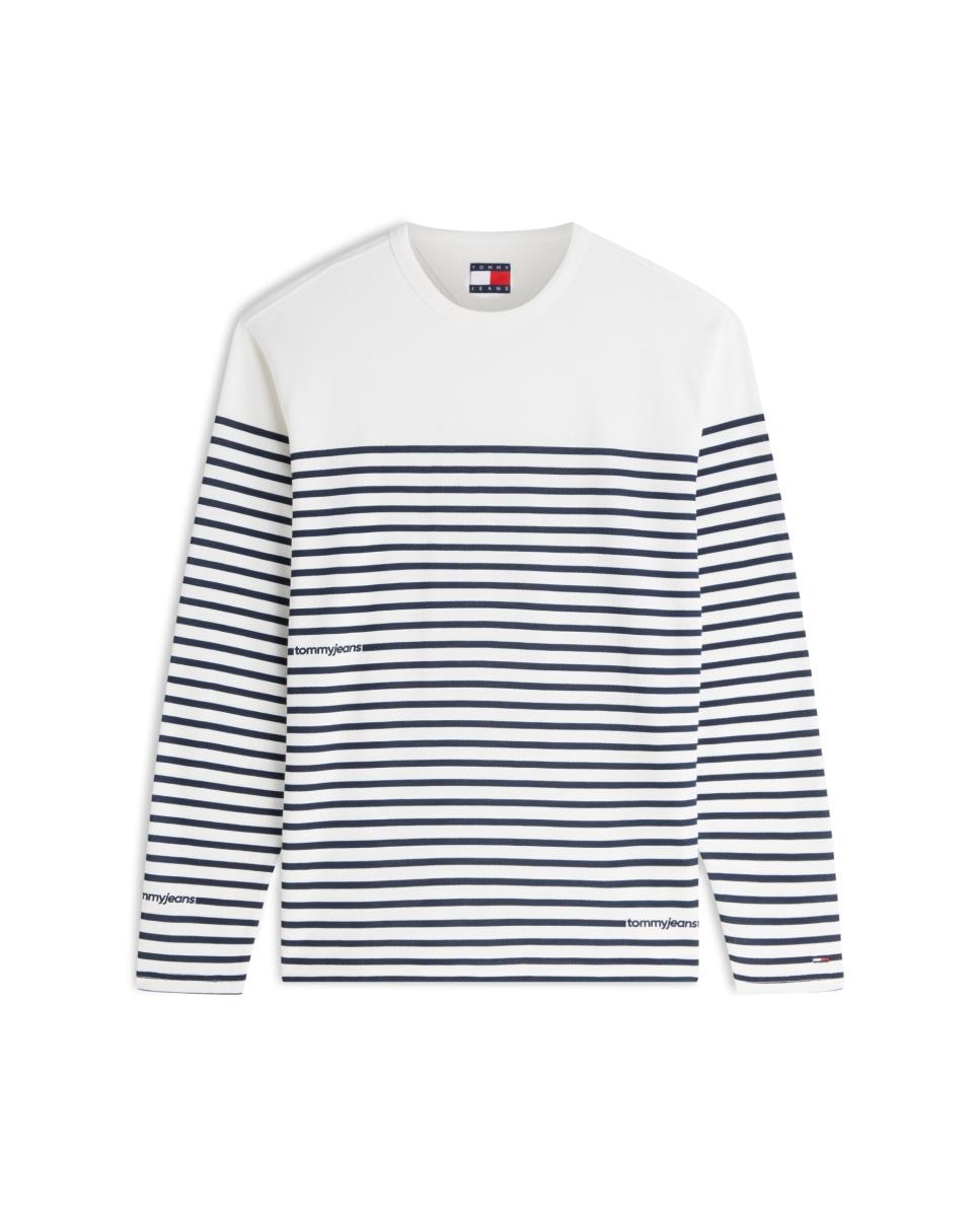 Camisola de Manga Comprida com Corte Regular e Desenho às Riscas com Detalhe de Branding Branco-4