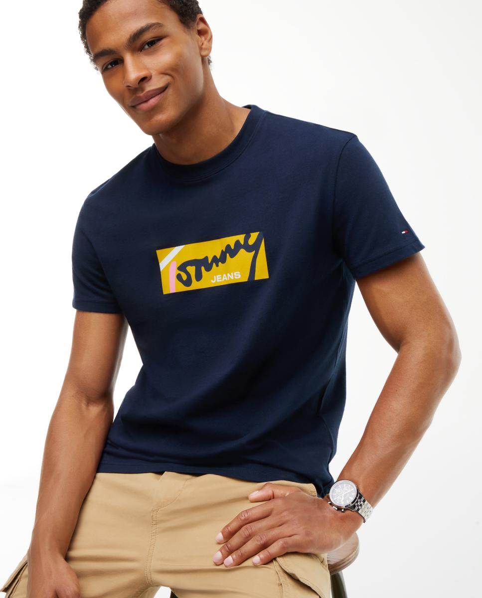 T-shirt Regular Signature com Logótipo à Frente Azul-marinho-3