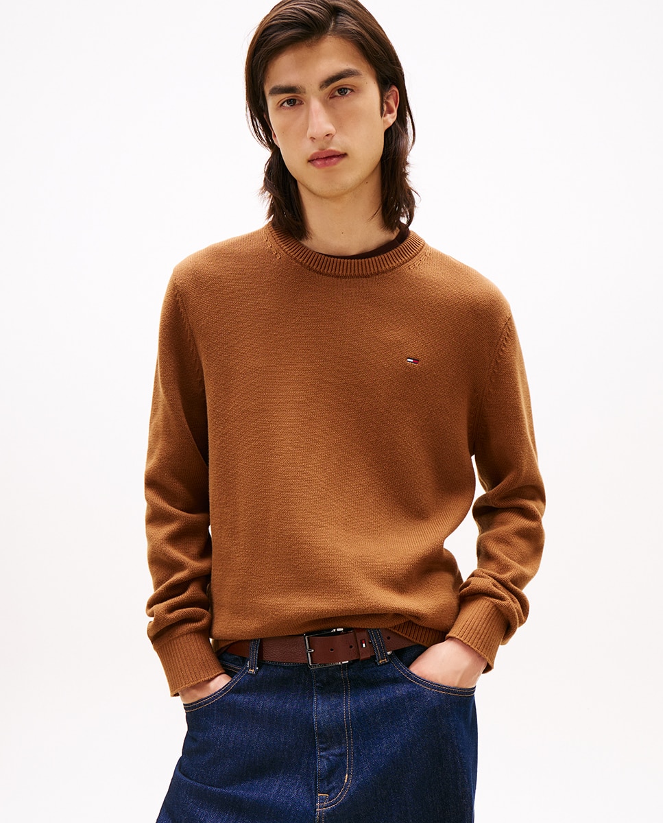 Camisola de Malha Básica Slim Fit com Gola Redonda Camel-1