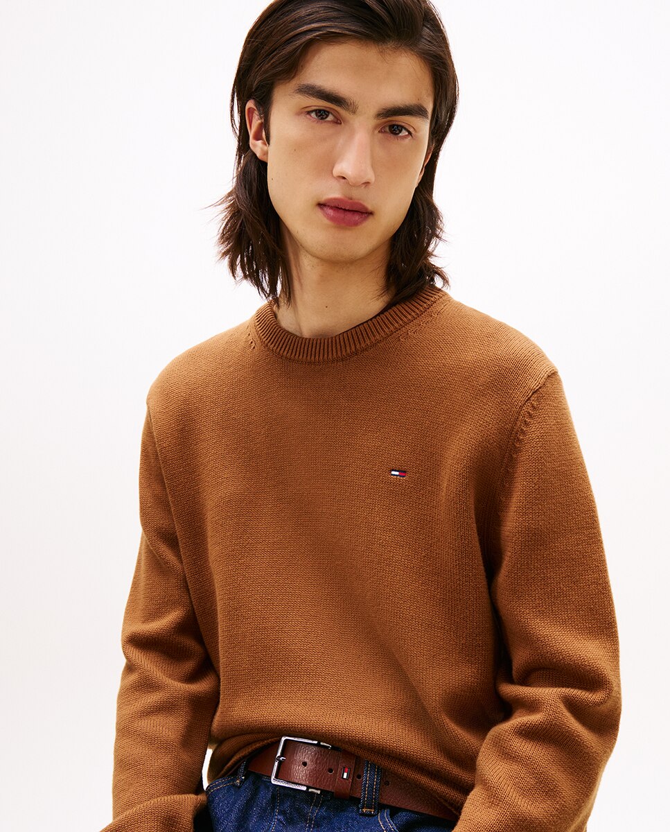 Camisola de Malha Básica Slim Fit com Gola Redonda Camel-3