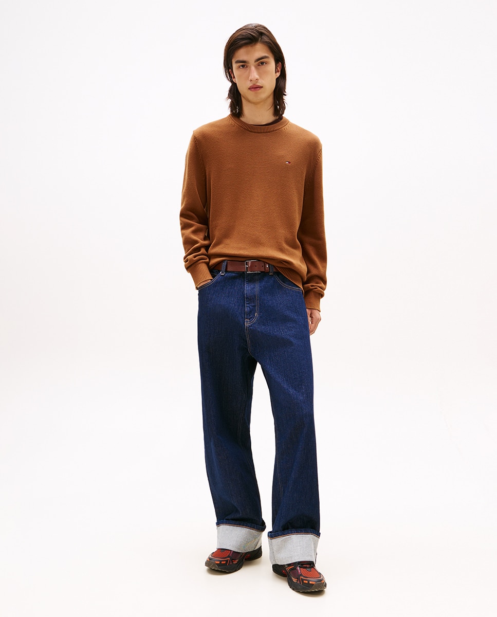 Camisola de Malha Básica Slim Fit com Gola Redonda Camel-5