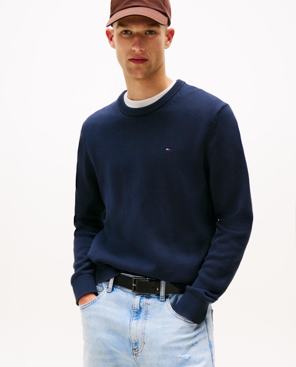 Camisola de Malha Básica Slim Fit com Gola Redonda Azul-marinho-1