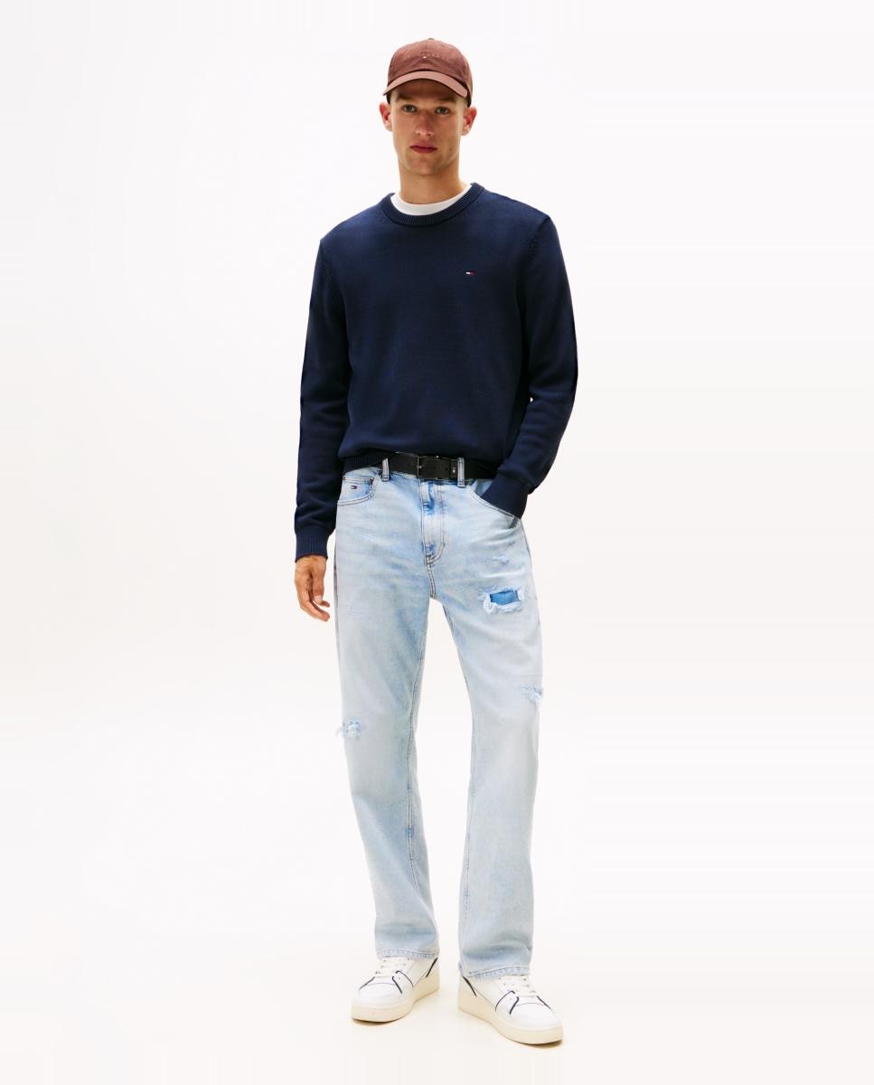 Camisola de Malha Básica Slim Fit com Gola Redonda Azul-marinho-6
