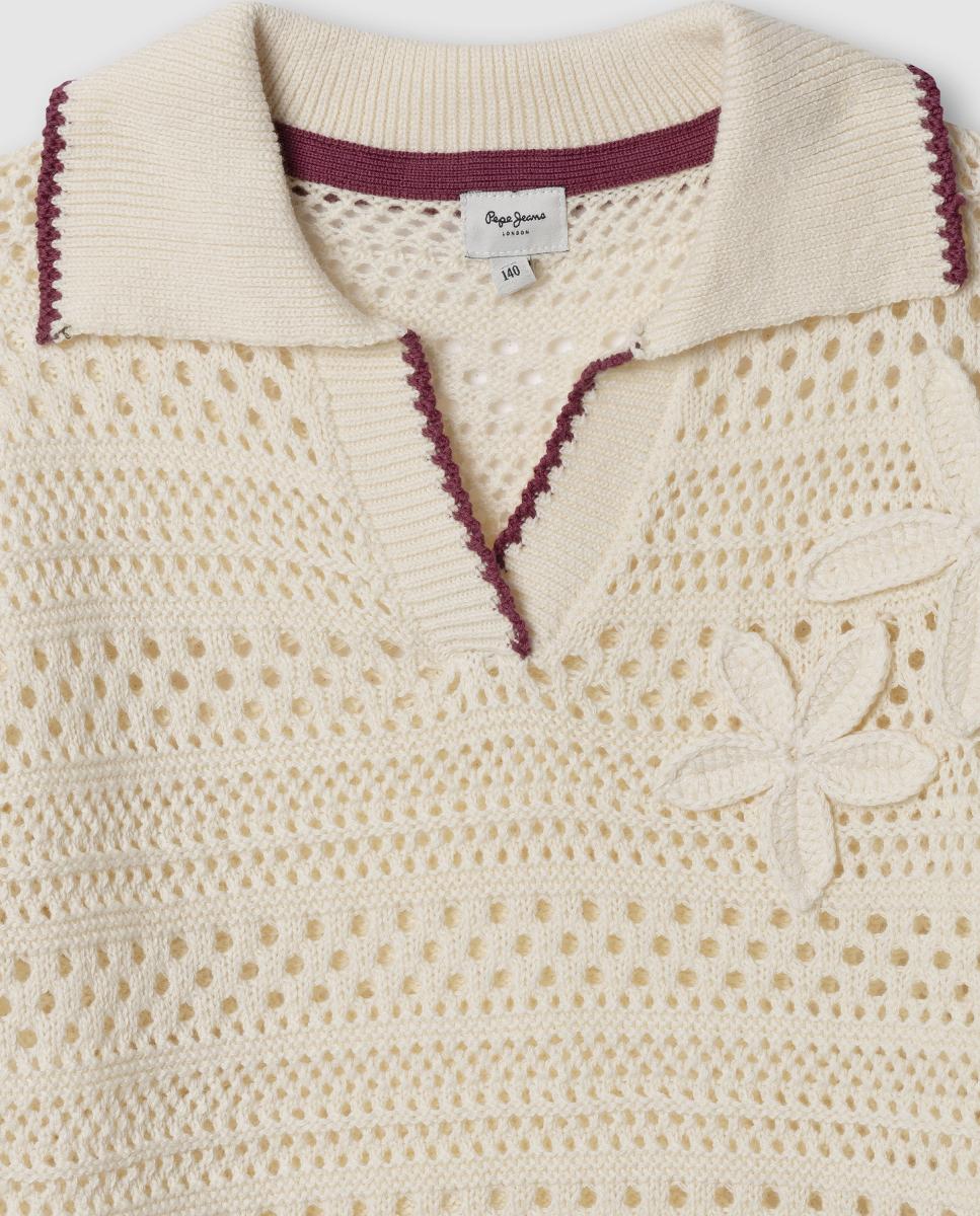 Camisola de Malha Rendilhada com Bordados Faith Pepe Jeans Creme-3