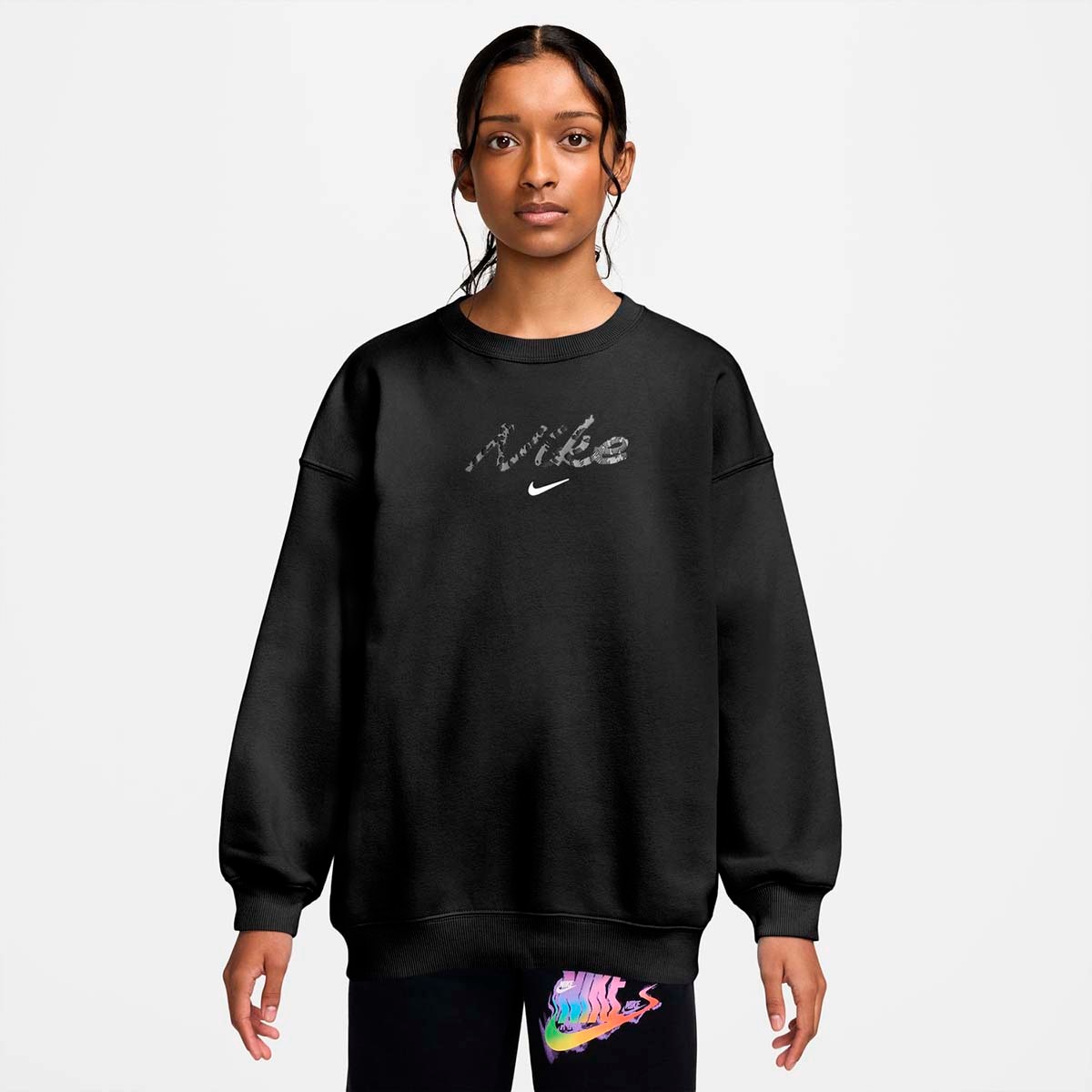 Sudadera de niñas G Nsw Stdio Flc Ovrszd Crw Aop Nike - Negro Negro-1