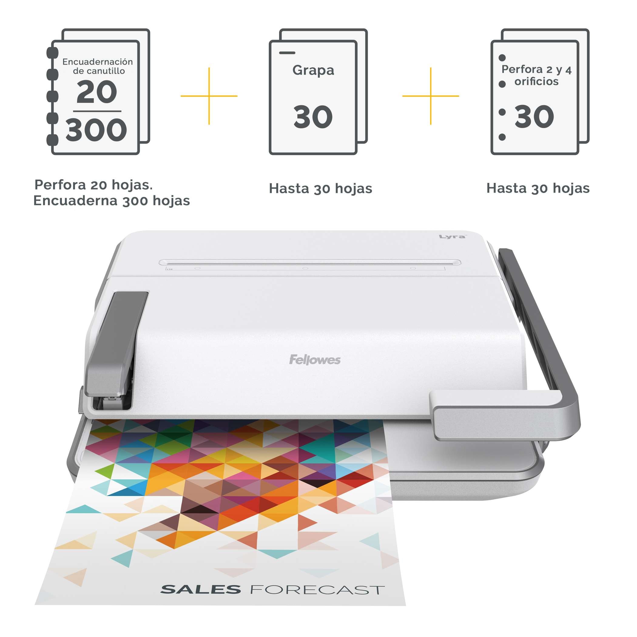 Encuadernadora Fellowes Lyra 3en1 canutillo perfora 20 encuaderna 300 hojas y grapa 30 Blanco-2