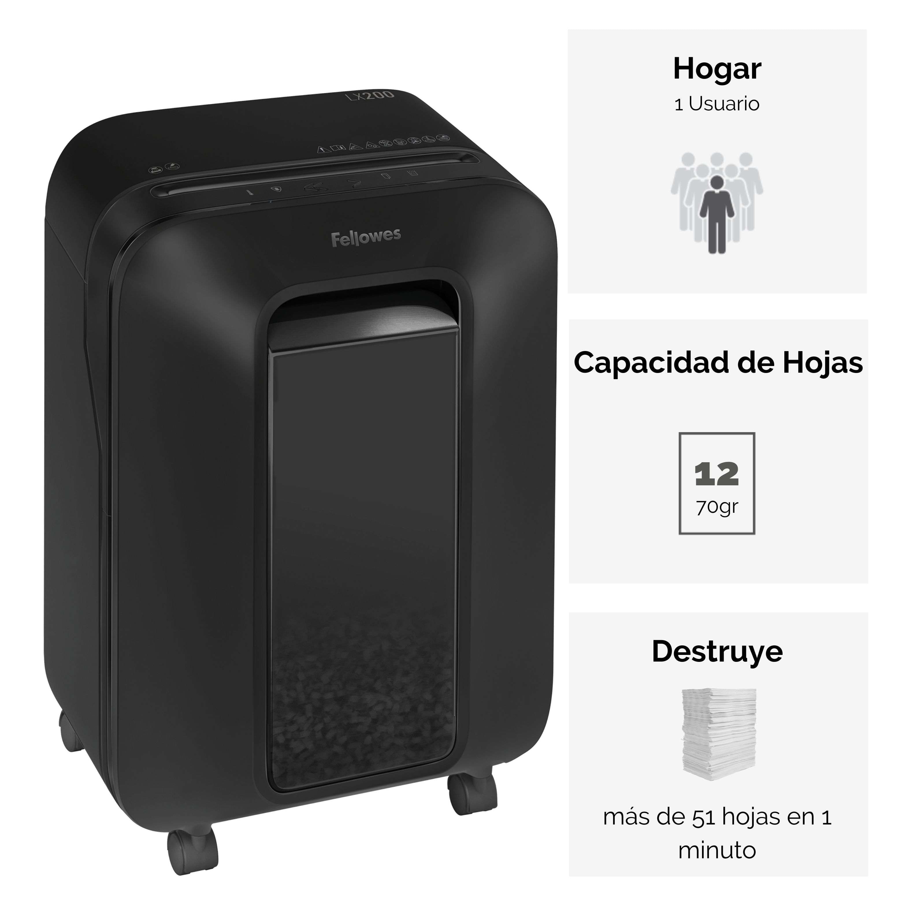 Destructora de papel Fellowes LX200 Minicorte 4x12mm destruye hasta 12 hojas Negro-2