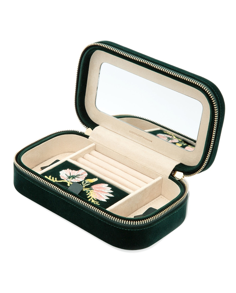 Joyero Zoe de viaje de terciopelo verde con cremallera - Wolf - Verde oscuro Verde oscuro-4