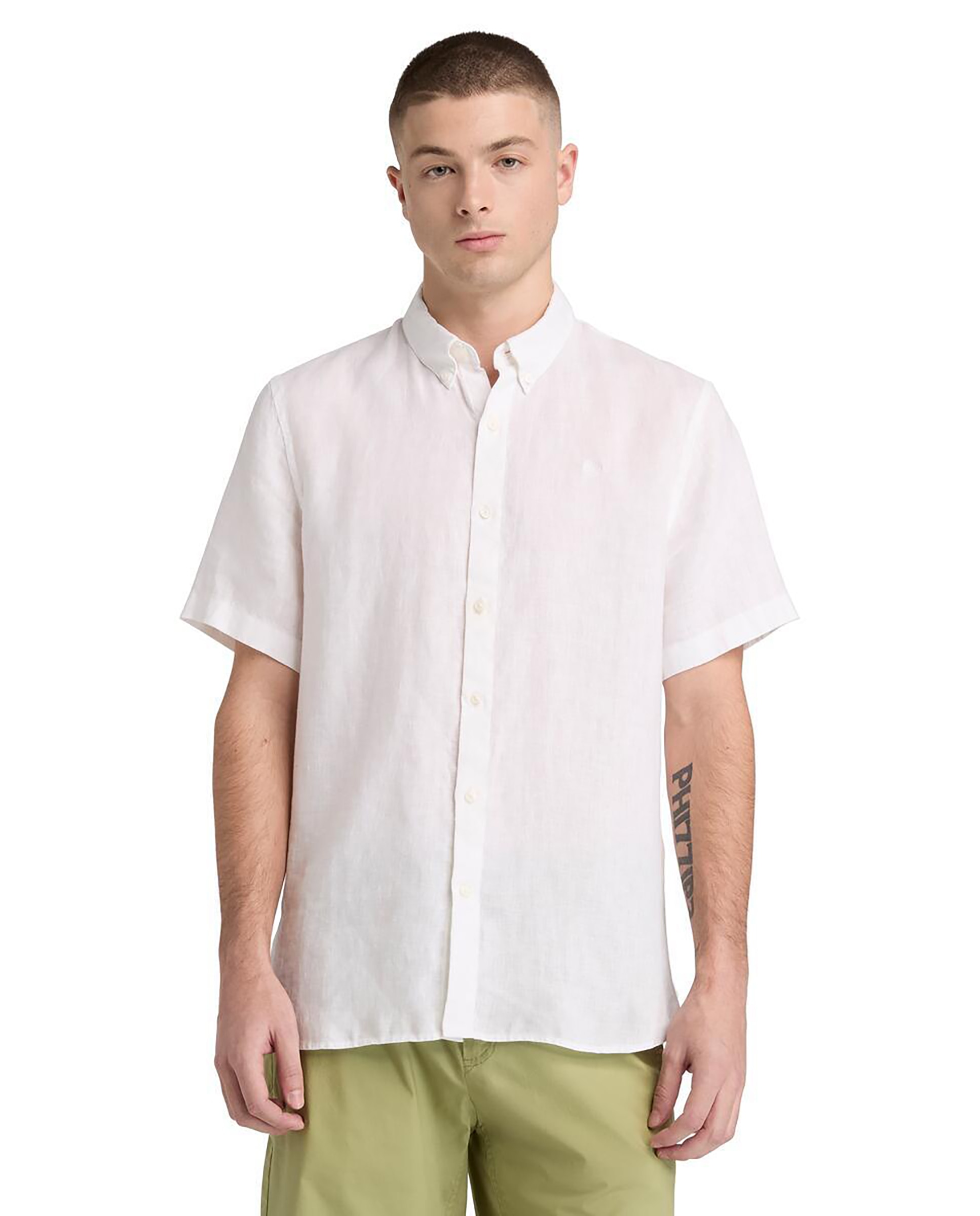 Camisa de lino de hombre lisa corte slim manga corta