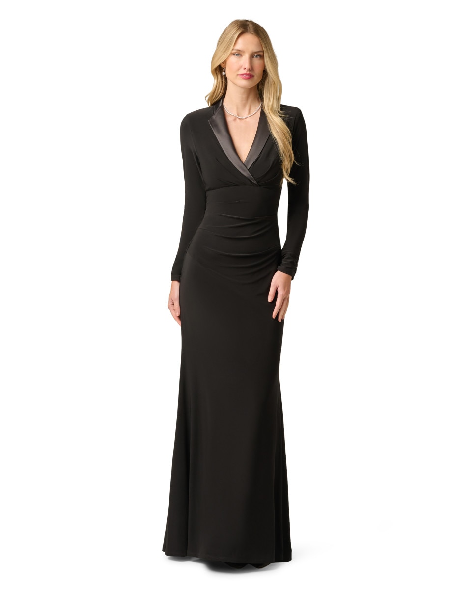 Vestido largo estilo esmoquín entallado con detalle drapeado - Adrianna Papell - Negro Negro-1