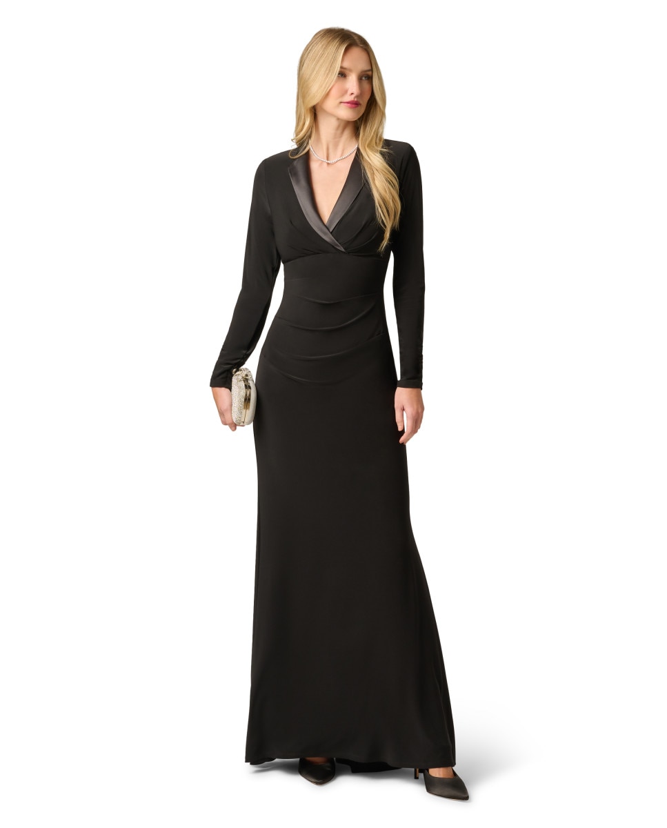 Vestido largo estilo esmoquín entallado con detalle drapeado - Adrianna Papell - Negro Negro-3