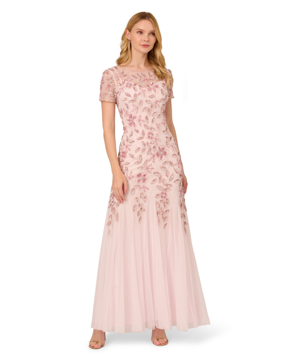 Adrianna Papell - Vestido floral de manga corta con lentejuelas.