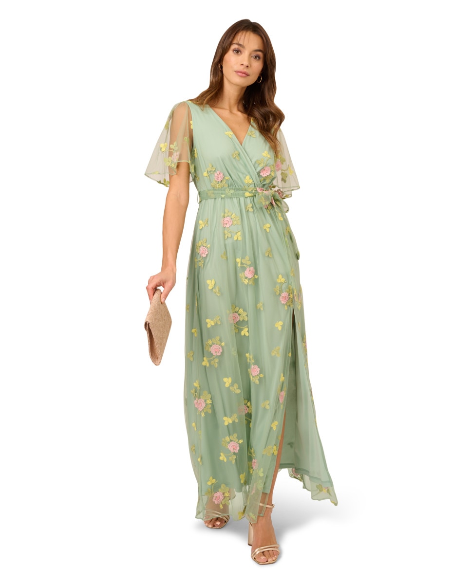 Adrianna Papell - Vestido largo floral de escote cruzado y mangas holgadas.