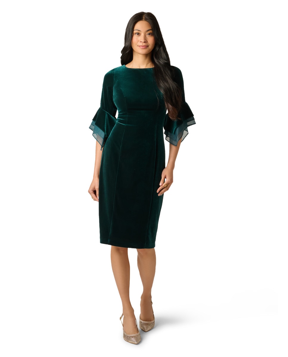 Vestido midi de terciopelo con mangas con volantes - Adrianna Papell - Verde Verde-1