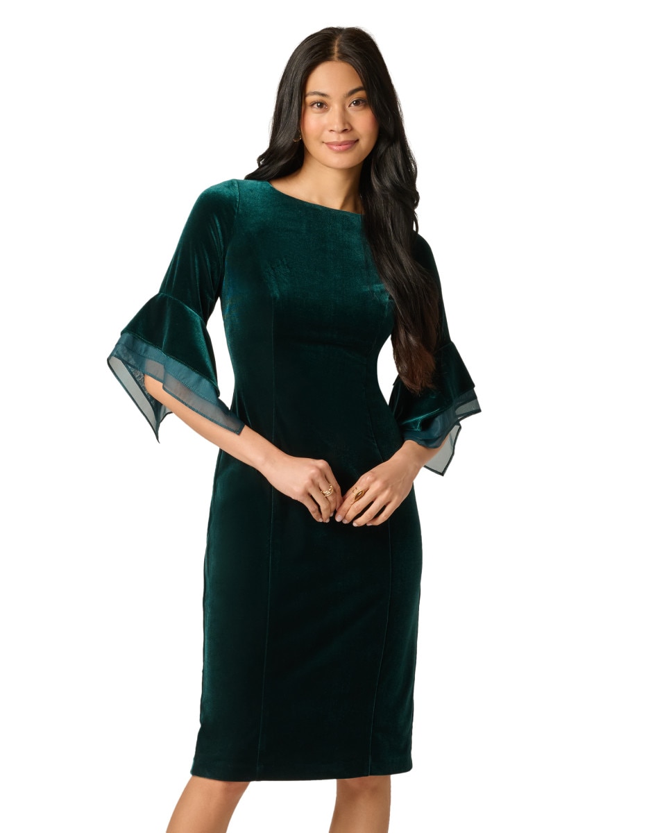 Vestido midi de terciopelo con mangas con volantes - Adrianna Papell - Verde Verde-3