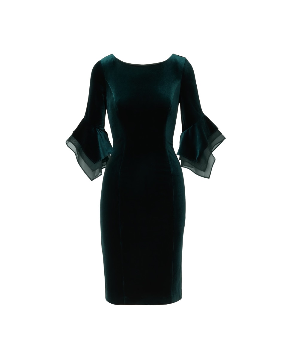 Vestido midi de terciopelo con mangas con volantes - Adrianna Papell - Verde Verde-5