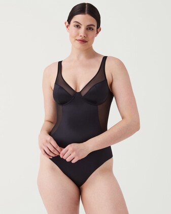 SPANX ASSETS Body A Maniche Corte Modellante - Livello 4, Scollatura A Cami, Coscia Media, Nero, Taglio Regular