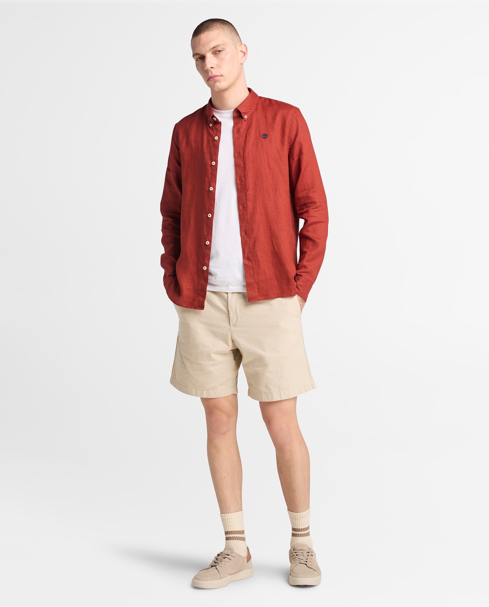 Timberland - Pantalones cortos chinos de algodón y lino de hombre con cordón ajustable en cintura.