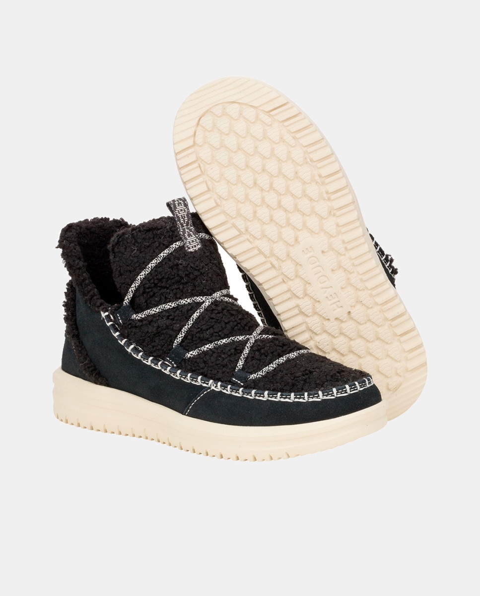 Botas de mujer en ante y empeine de borreguito - HeyDude - Negro Negro-3
