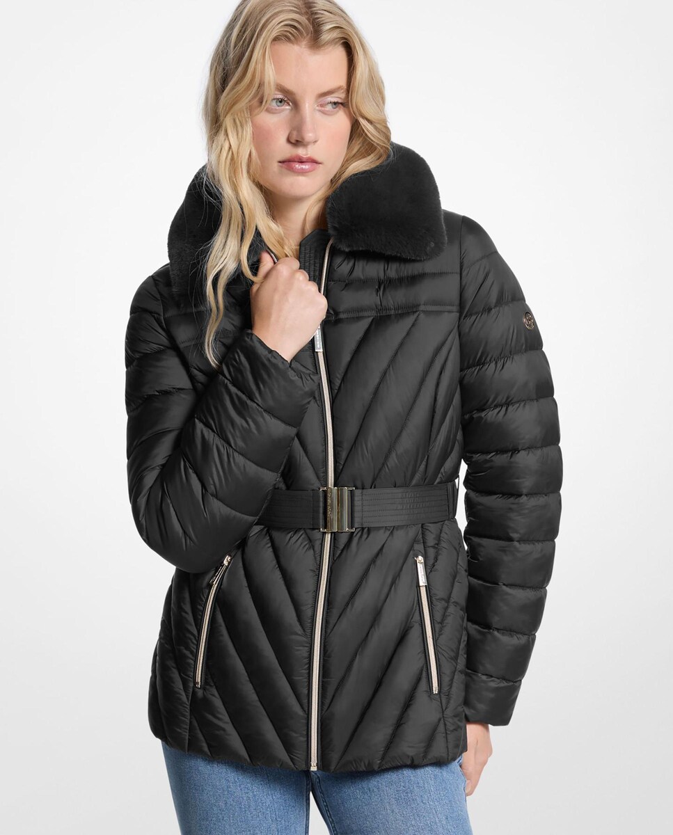 Plumífero de mujer con cuello de pelo sintético y cinturón