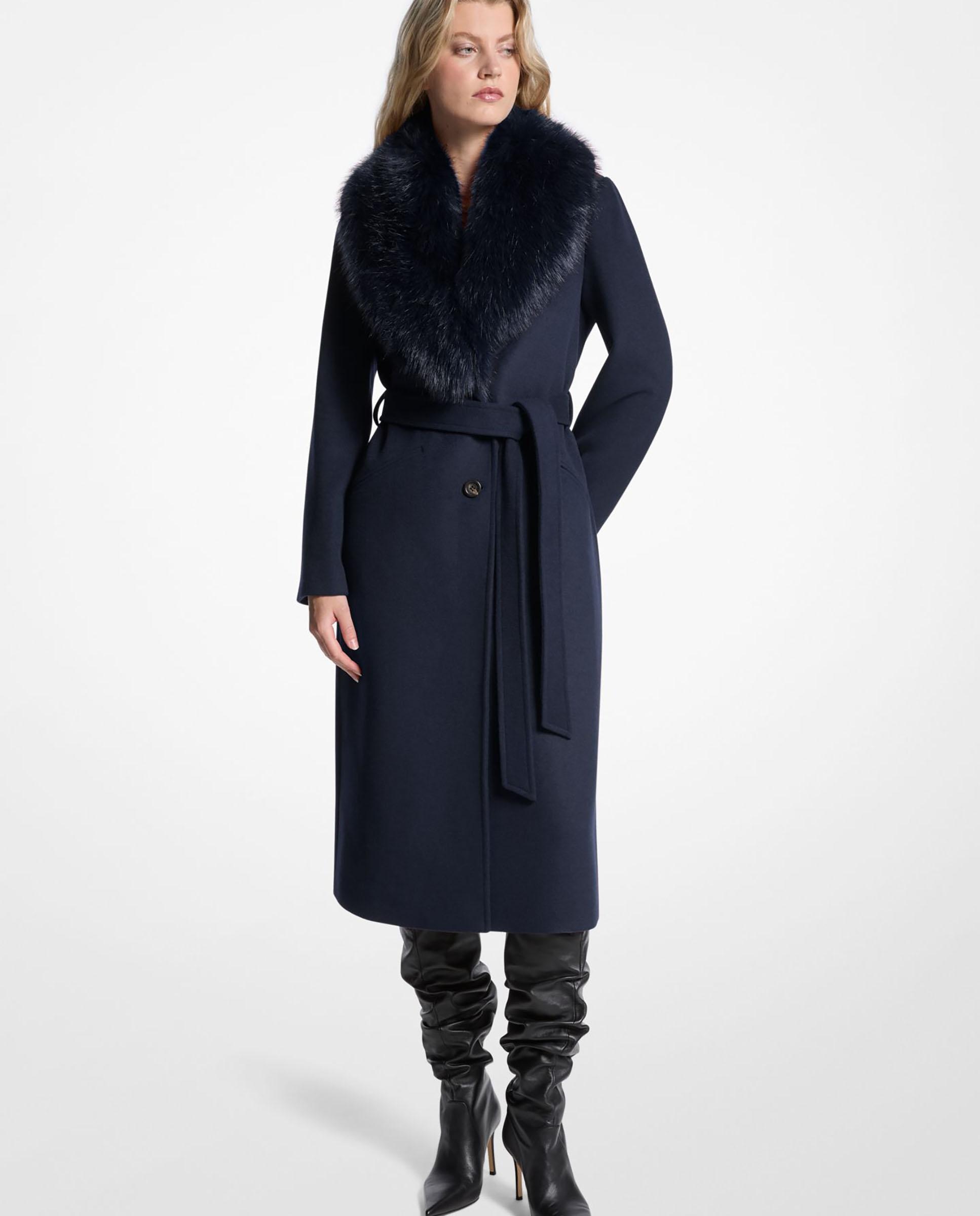 Abrigo de paño de mujer en mezcla de lana con cuello de pelo sintético - Michael Michael Kors - Azul marino Azul marino-1
