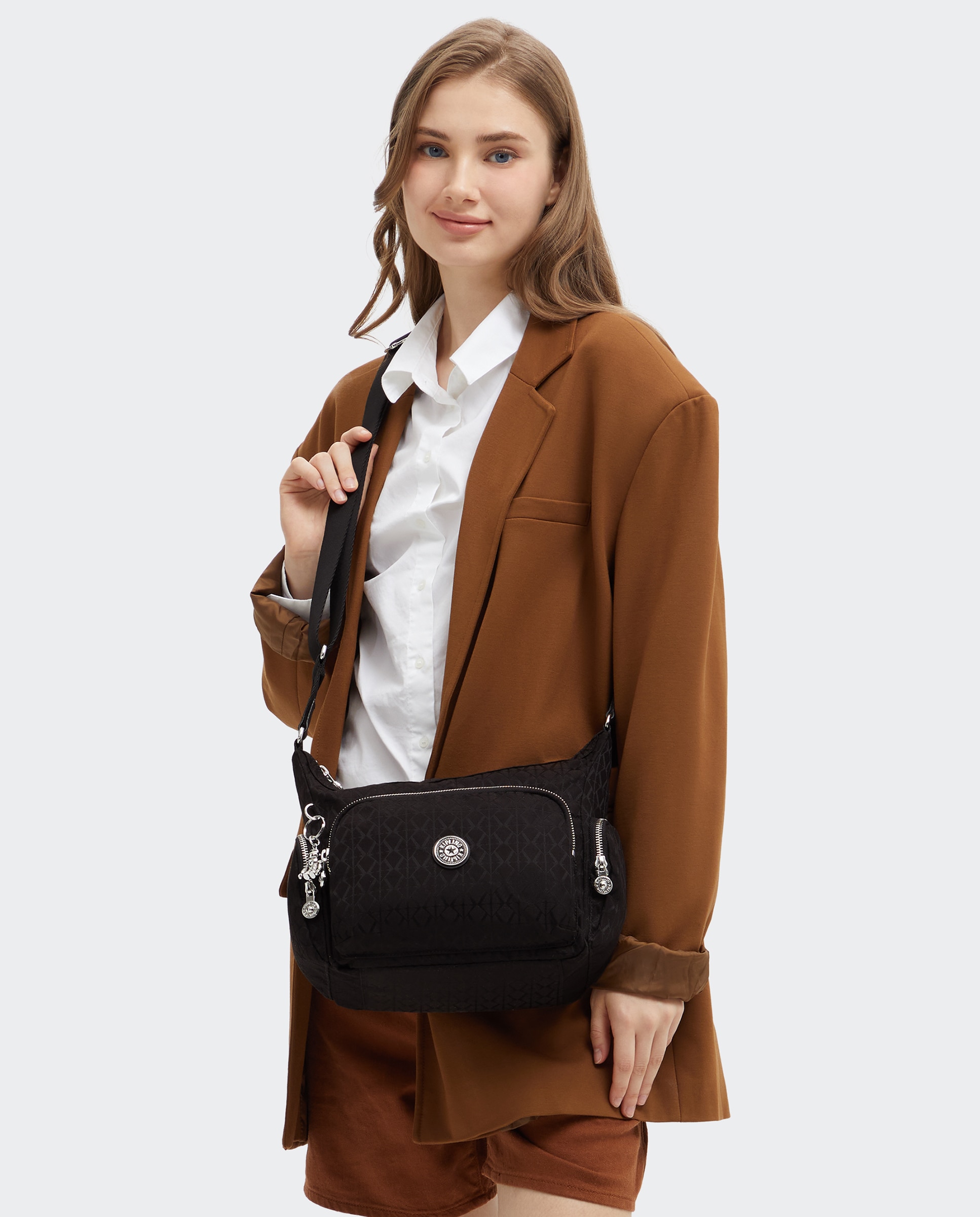 Bandolera de mujer mediana con cremallera y bolsillos exteriores - Kipling - Negro Negro-3