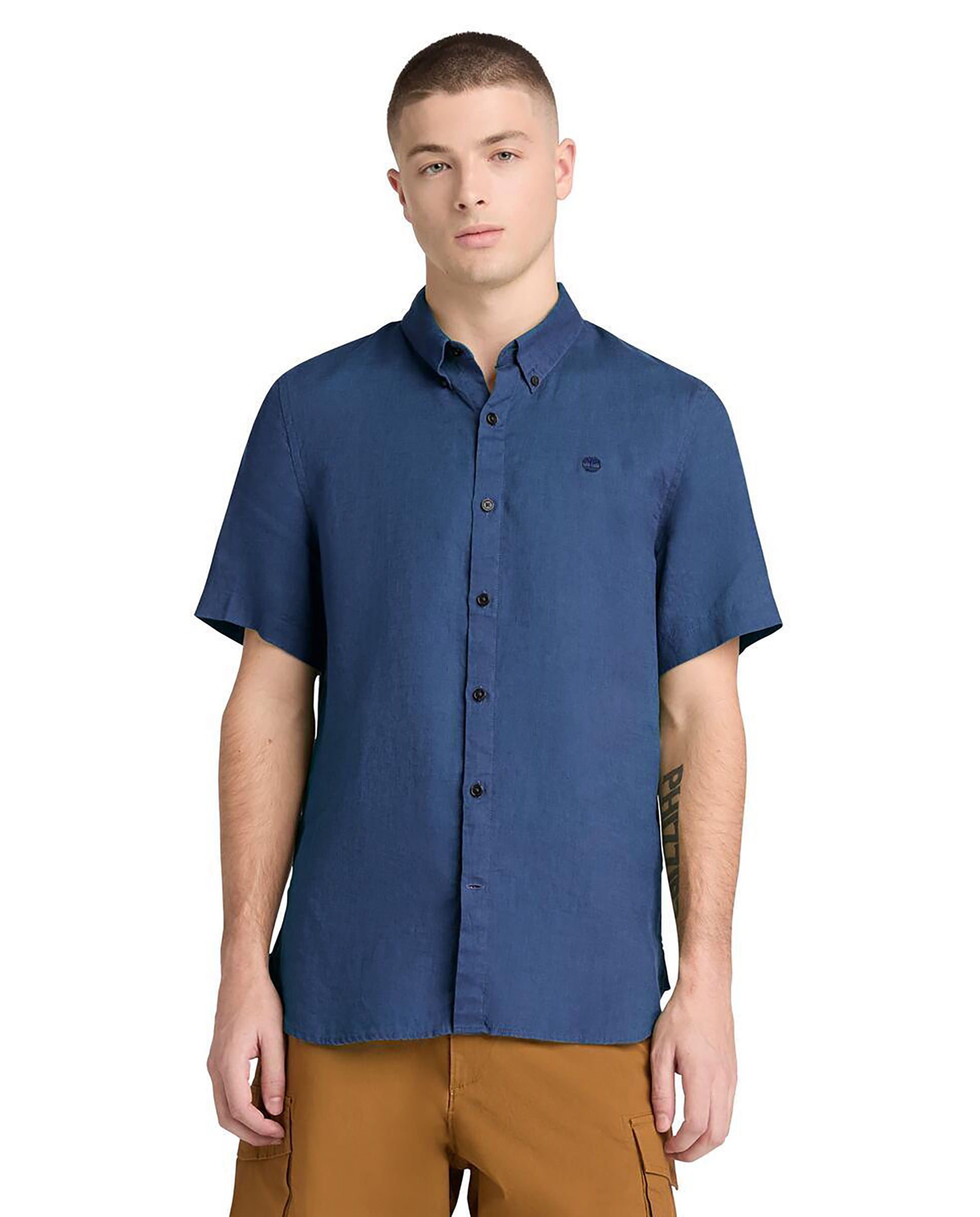 Imagen 0 de Camisa de lino de hombre lisa corte slim manga corta Azul denim