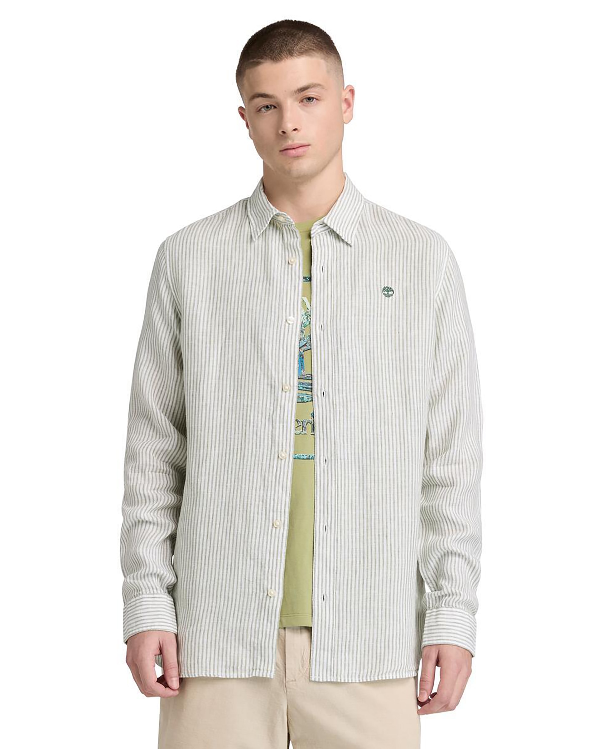 Camisa de lino de hombre de rayas corte regular - Timberland - Verde Oliva Verde Oliva-1