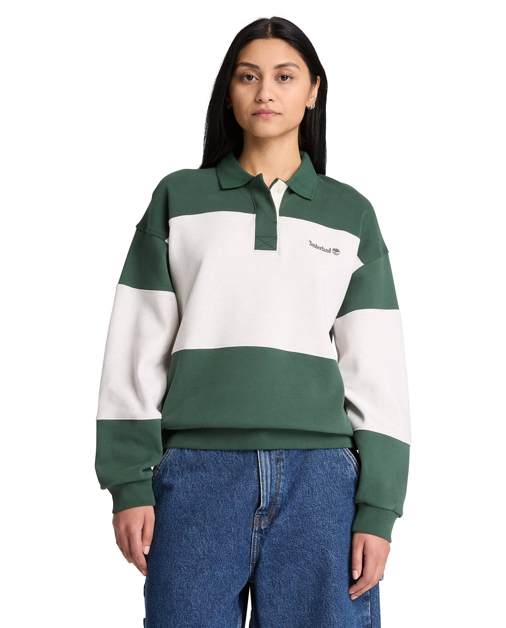 Sudadera de mujer con logo y cuello polo de rayas - Timberland - Verde oscuro Verde oscuro-1