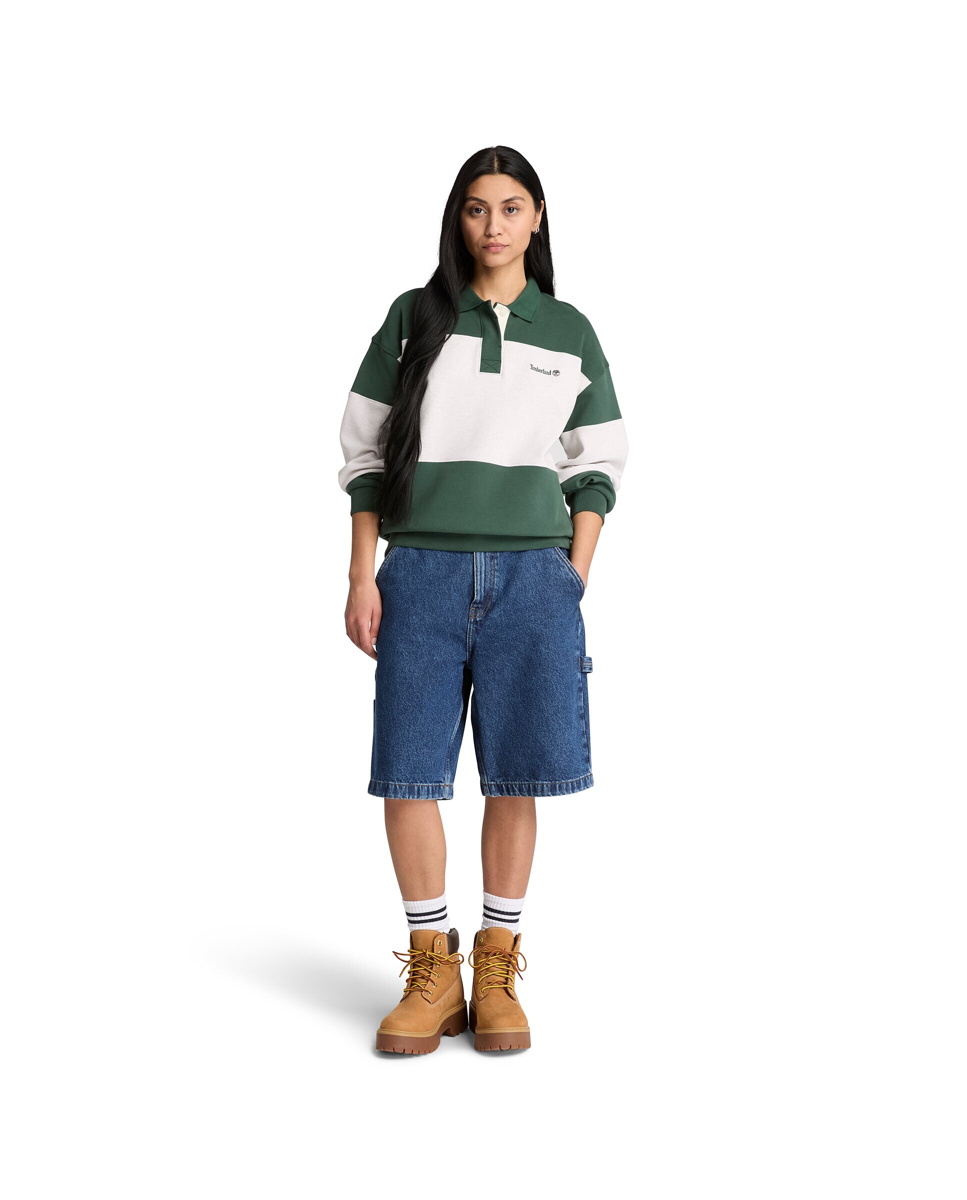 Sudadera de mujer con logo y cuello polo de rayas - Timberland - Verde oscuro Verde oscuro-2