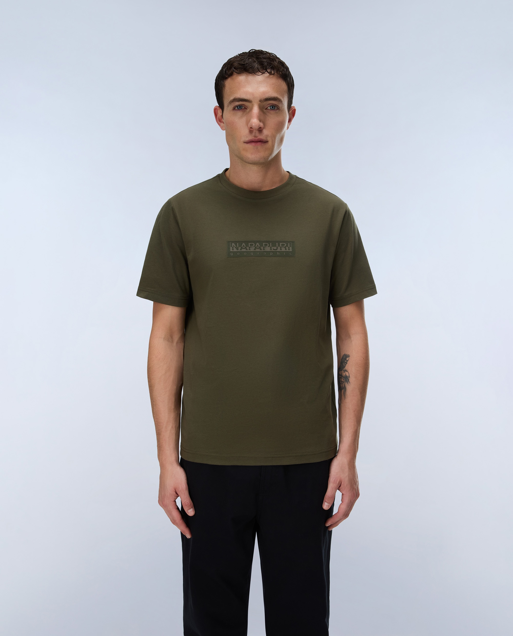 Camiseta de algodón de hombre box logo de manga corta - Napapijri - Verde Oliva Verde Oliva-1