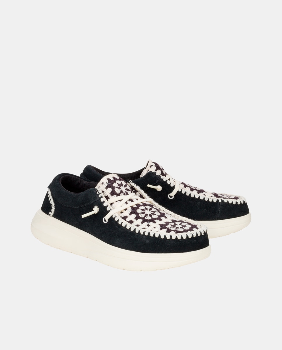 Zapato de cordones de mujer en crochet y ante - HeyDude - Negro Negro-5