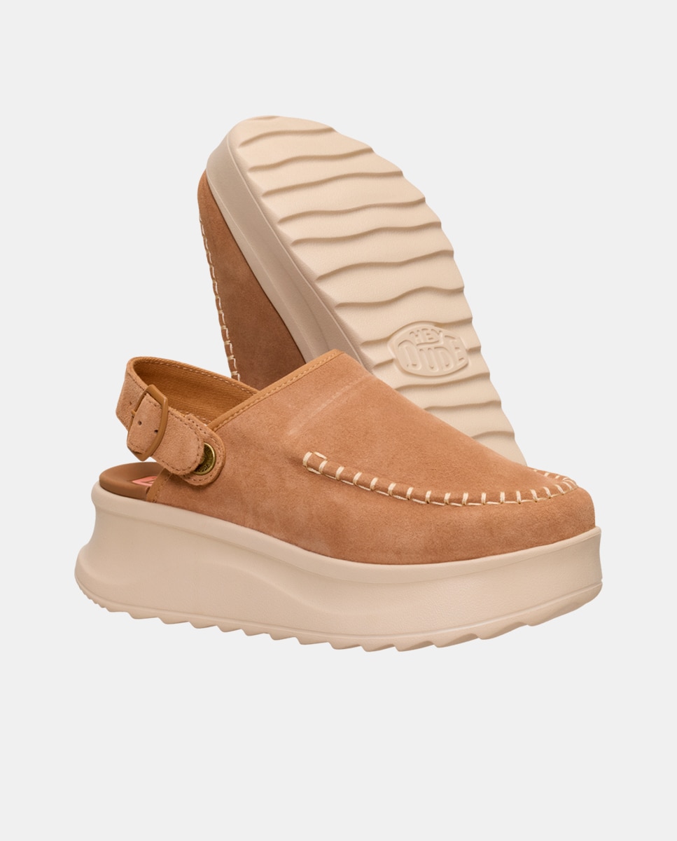 Zuecos de mujer de ante y plataforma - HeyDude - Beige Beige-2