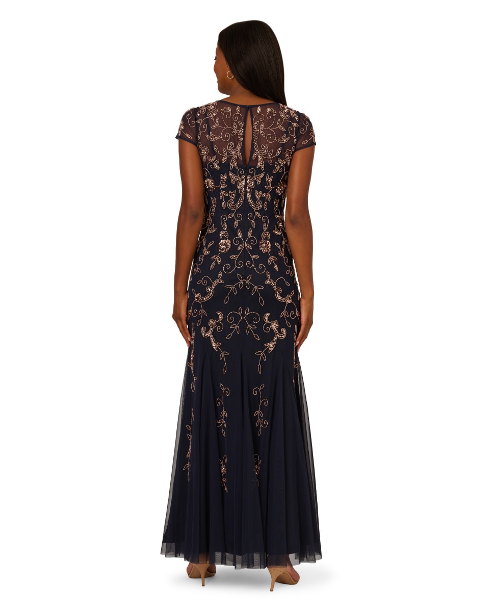 Vestido de manga corta con ornamentos de pedrería - Adrianna Papell - Azul Azul-2