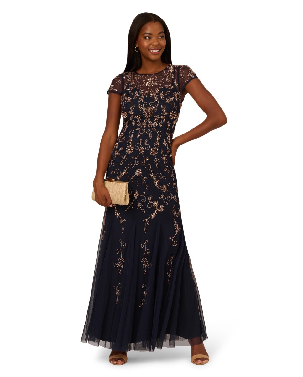 Vestido de manga corta con ornamentos de pedrería - Adrianna Papell - Azul Azul-3