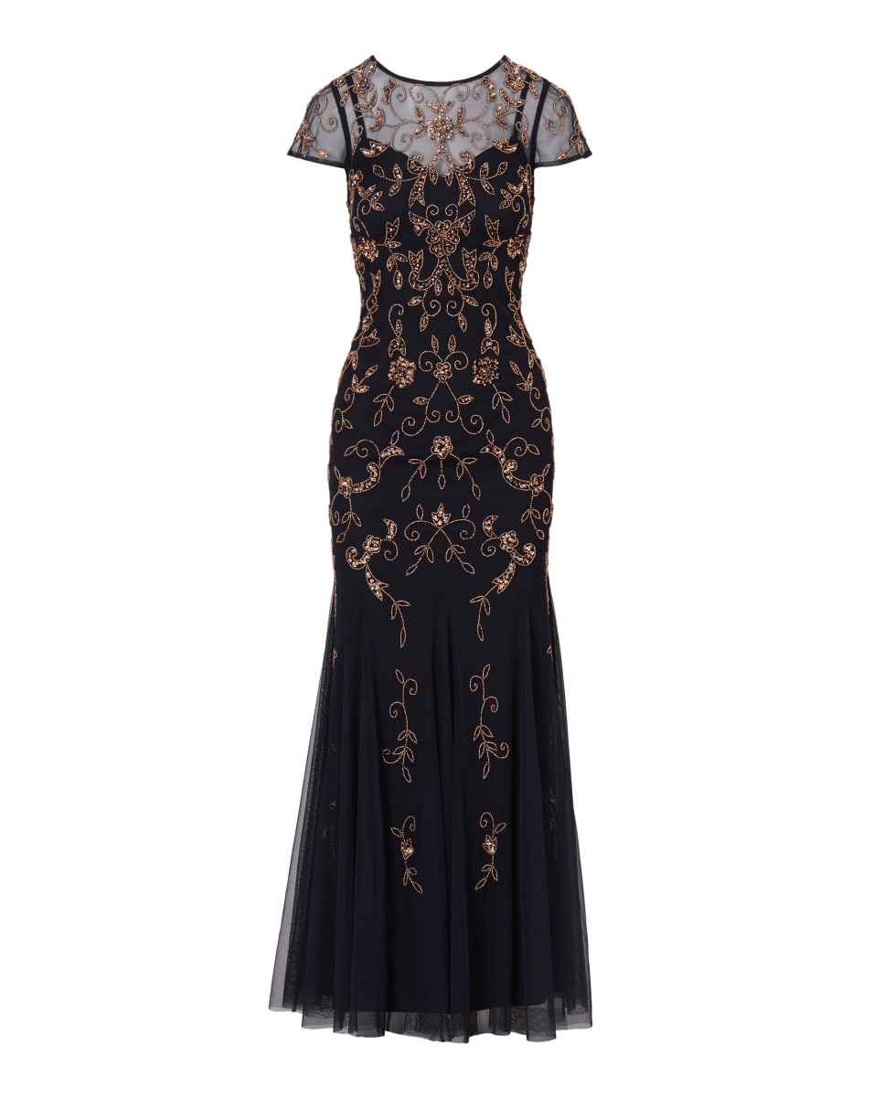 Vestido de manga corta con ornamentos de pedrería - Adrianna Papell - Azul Azul-5
