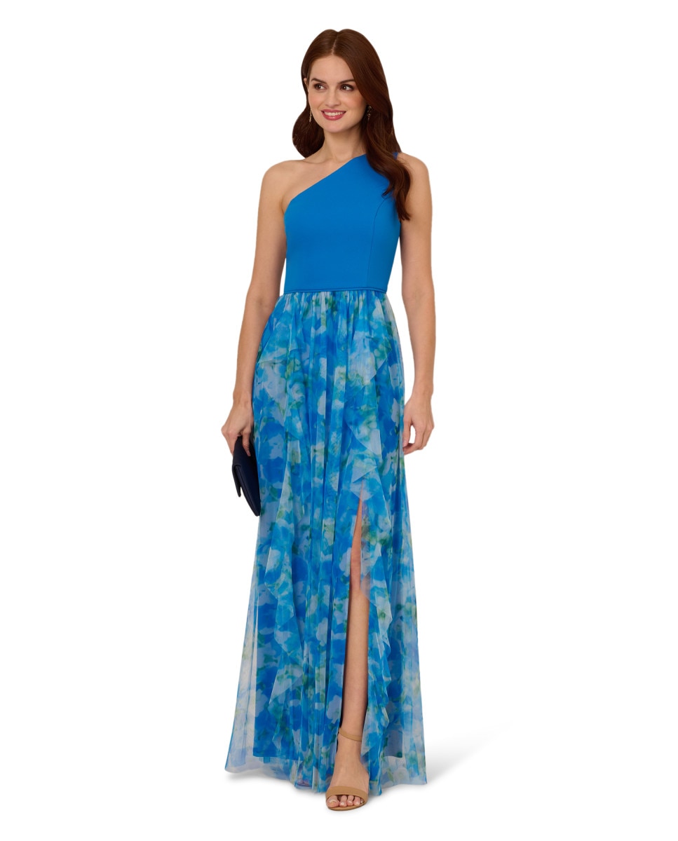 Adrianna Papell - Vestido con escote asimétrico y falda floral.