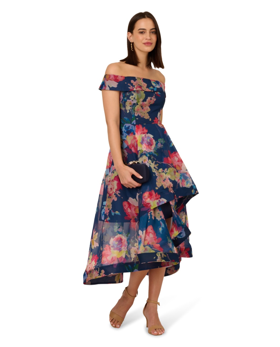 Adrianna Papell - Vestido floral con falda mikado asimétrica.