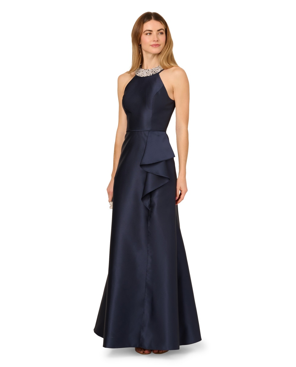 Vestido con escote halter de pedrería y volante a la cintura - Adrianna Papell - Azul Azul-3