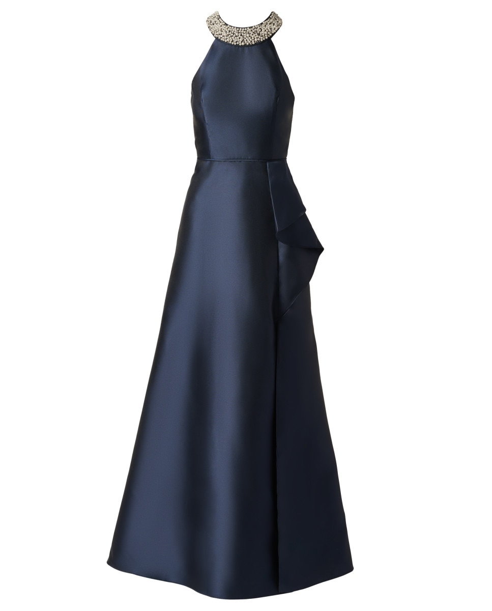 Vestido con escote halter de pedrería y volante a la cintura - Adrianna Papell - Azul Azul-5