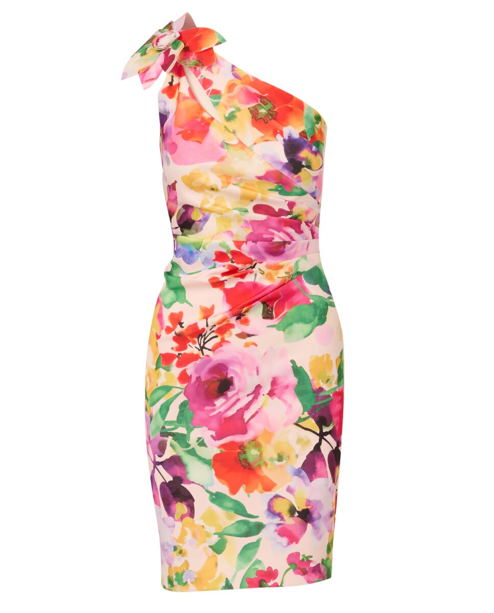Vestido de Fiesta Corto Jumilla- Escote Asimétrico con Flor