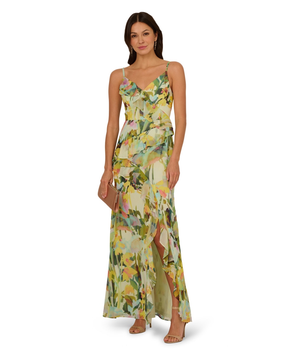Adrianna Papell - Vestido largo con volantes y escote en uve.