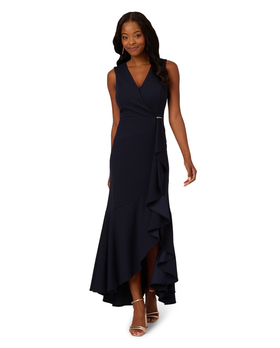 Vestidos de chiffon con escote en V y mangas cap con volantes Azul tinta